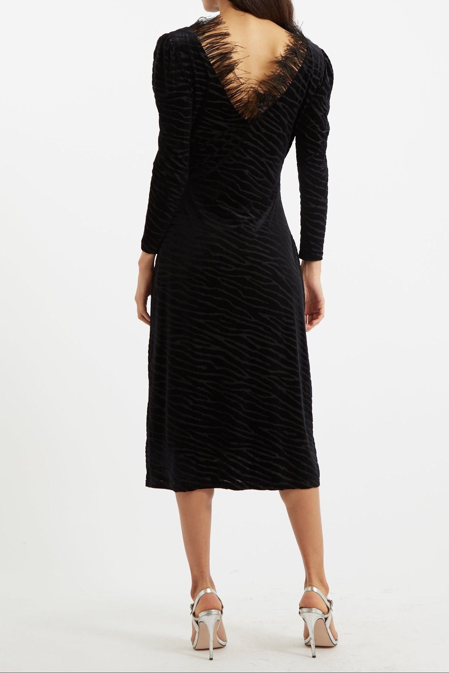 Louche Louche Women's Krystel Zebra Devore Feather Trim Midi Dress Black - 3