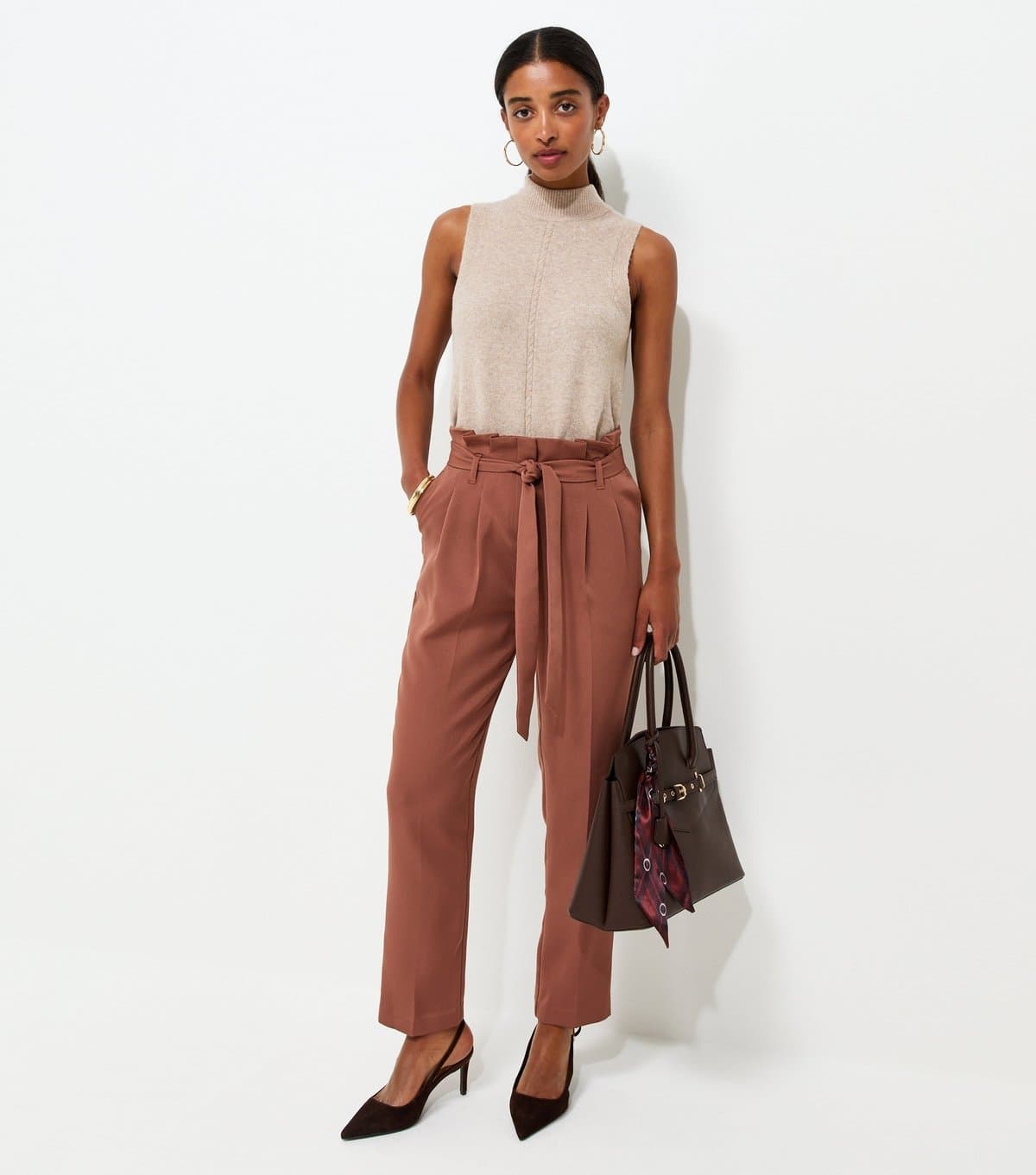 New Look Women's Dark Brown Paperbag Waist Tie Front Trousers New Look