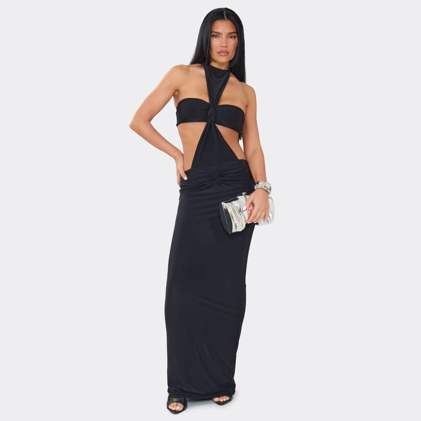 EGO High Neck Bandeau Knot Detail Maxi Dress In Black., Women's Size UK 6 - 1