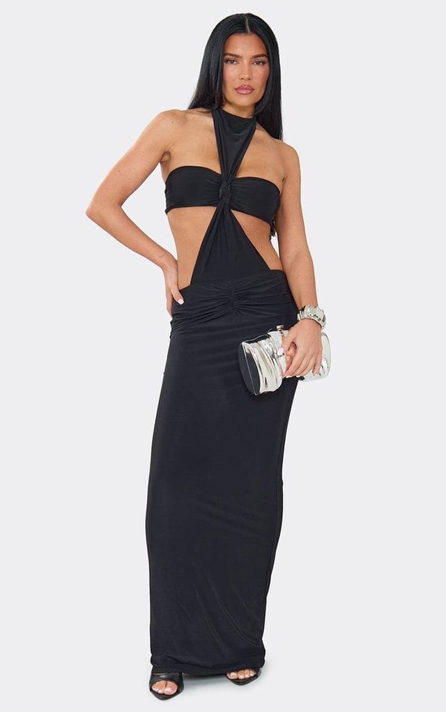 EGO High Neck Bandeau Knot Detail Maxi Dress In Black., Women's Size UK 6 - 2