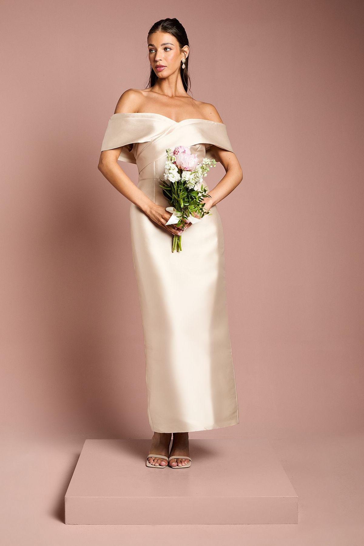 Coast Coast Women's Twill Bardot Pleat Detail Column Detail Maxi Bridesmaid Dress in Champagne - 2