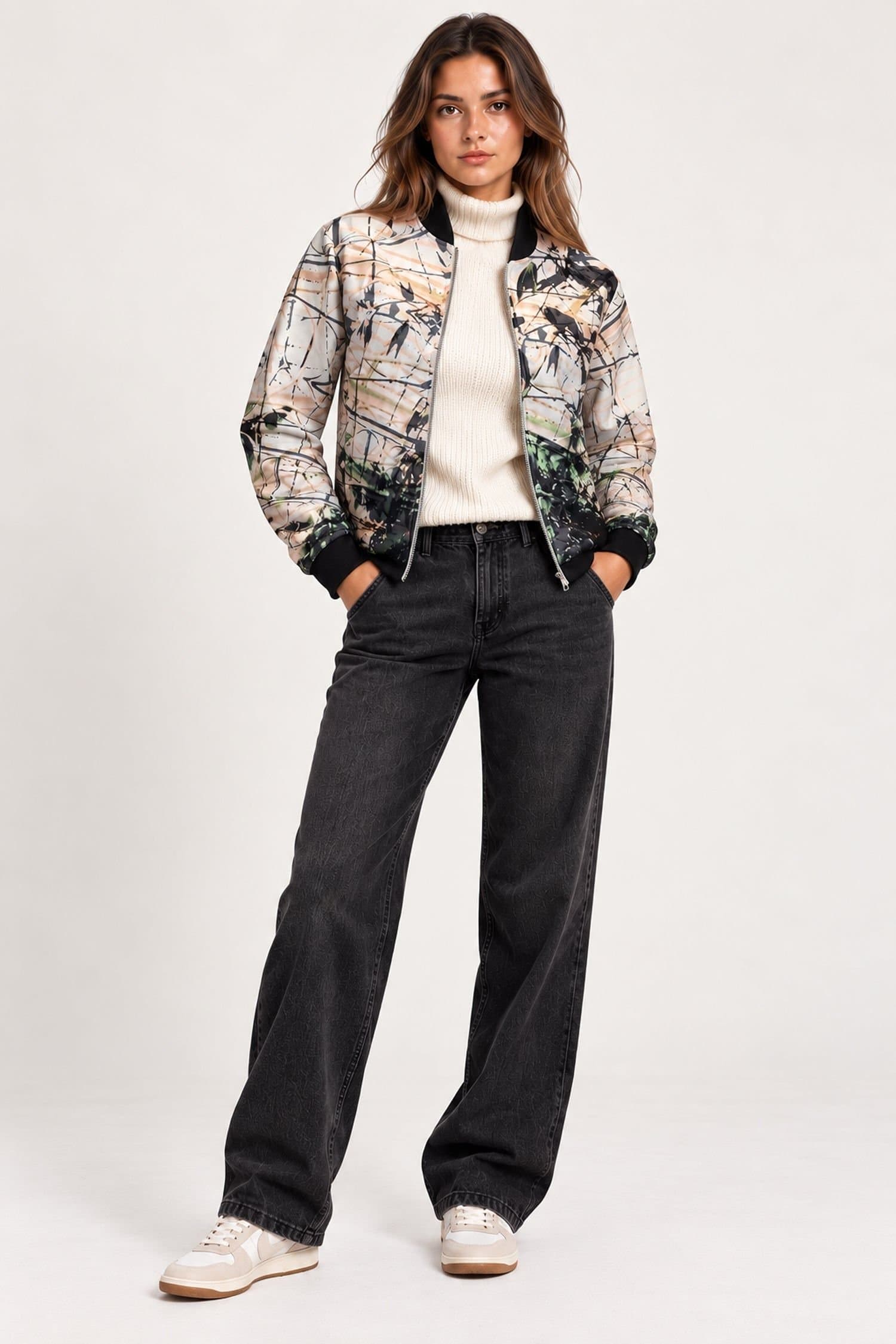 Cutie London Cutie London Women's Abstract Printed Zip-Front Bomber Jacket in White