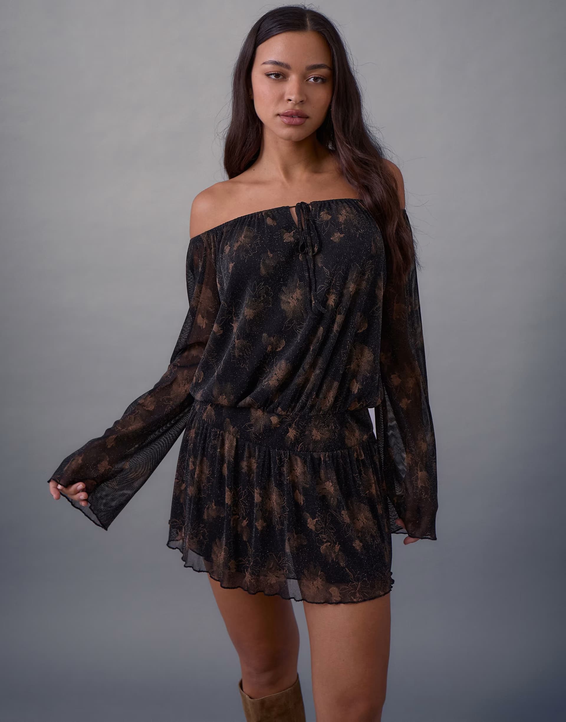 ASOS Motel Nisha off shoulder floaty mini dress in bronze