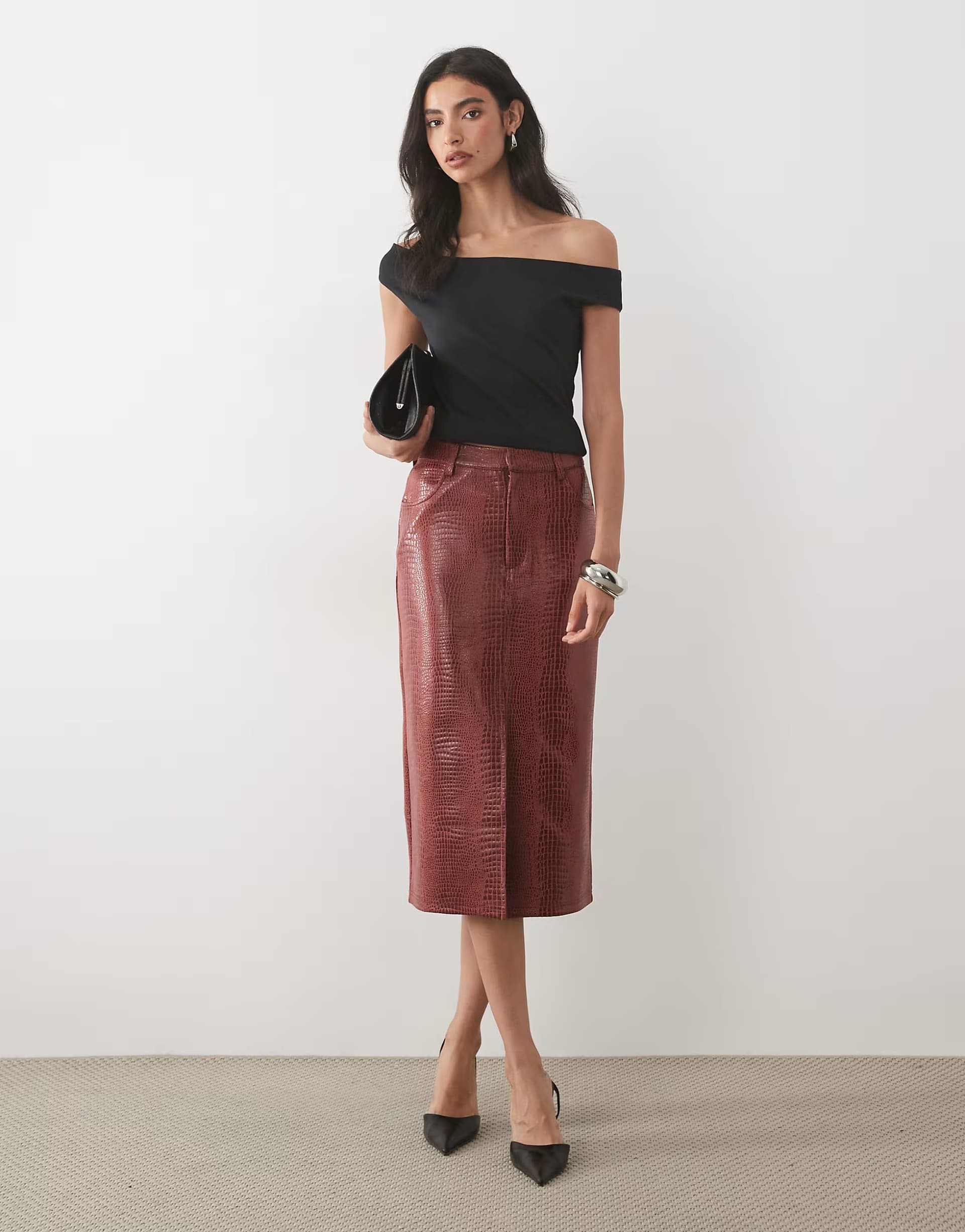 ASOS ASOS DESIGN croc jersey leather look pencil skirt in burgundy