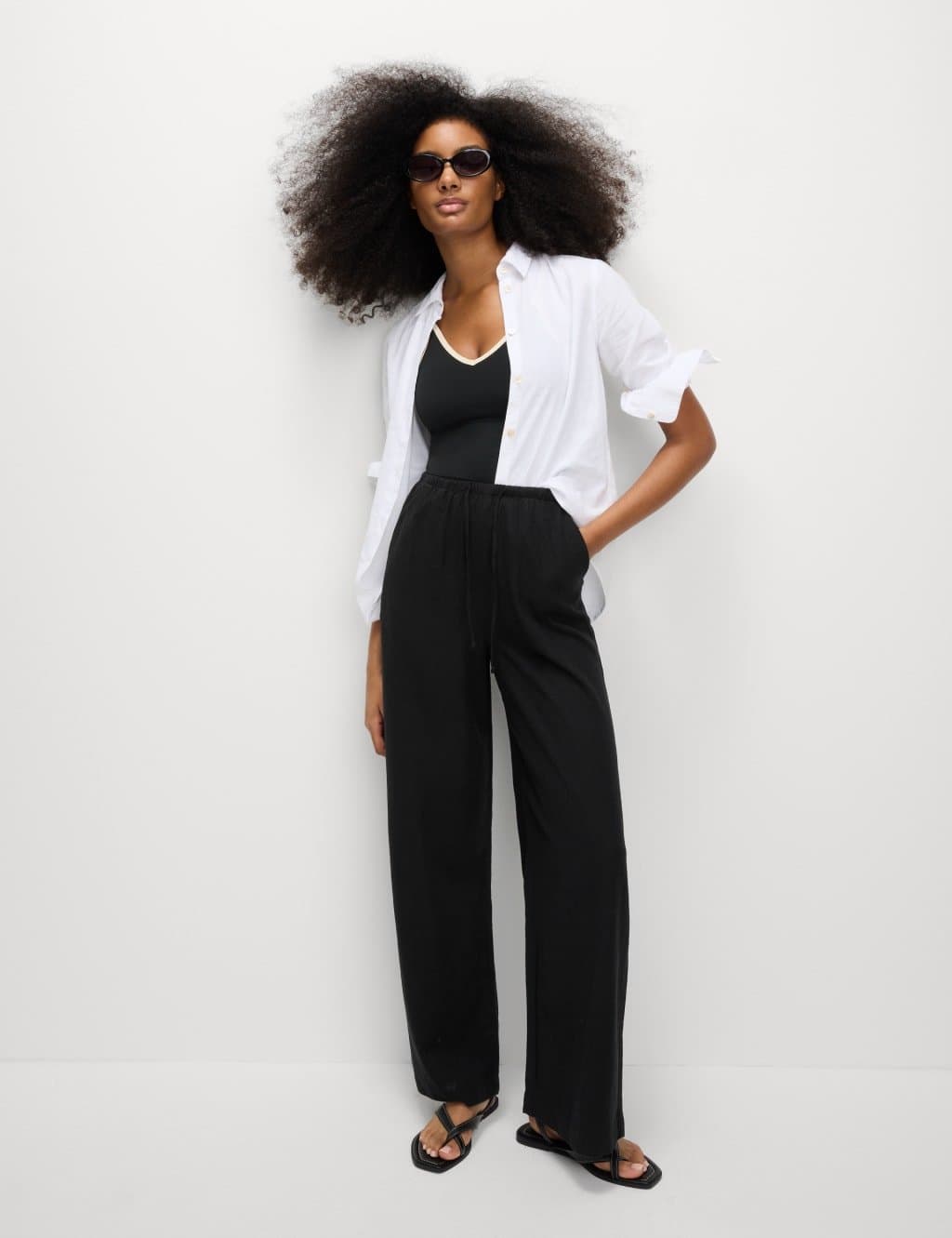 Marks & Spencer M&S Black Linen Blend Wide Leg Trousers