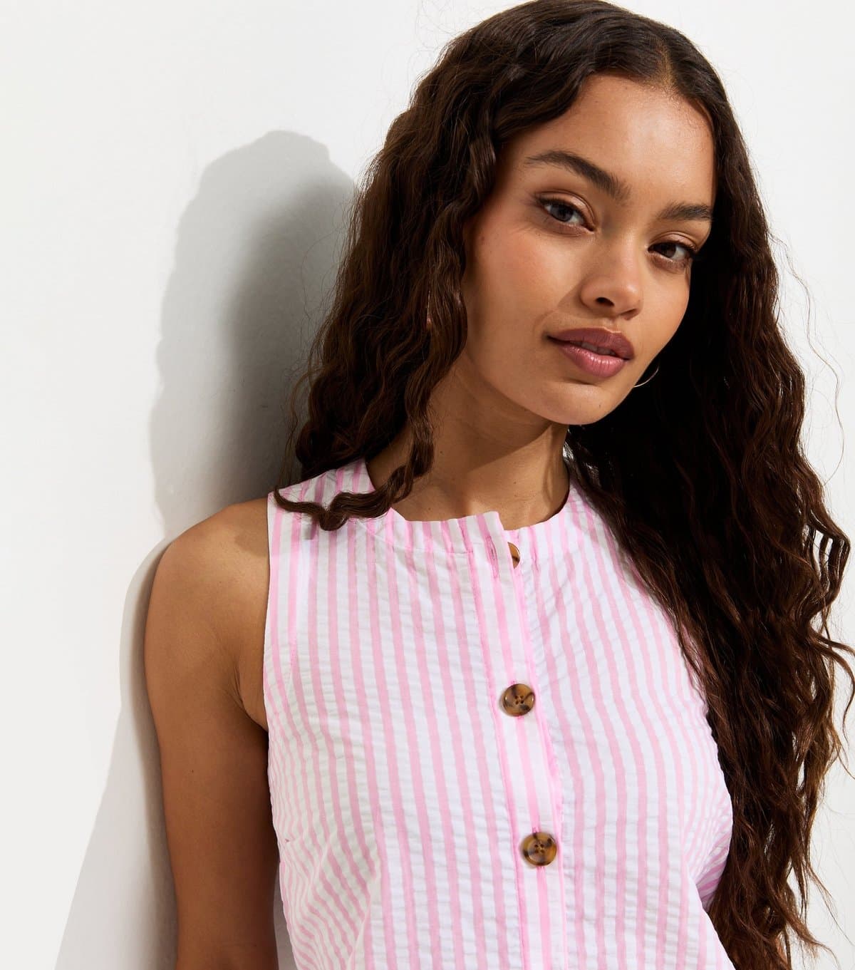 New Look Women's Petite Pink Seersucker Stripe Button Front Waistcoat New Look