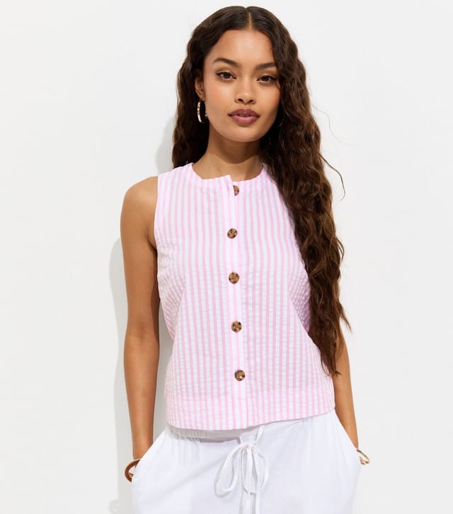 New Look Women's Petite Pink Seersucker Stripe Button Front Waistcoat New Look - 2