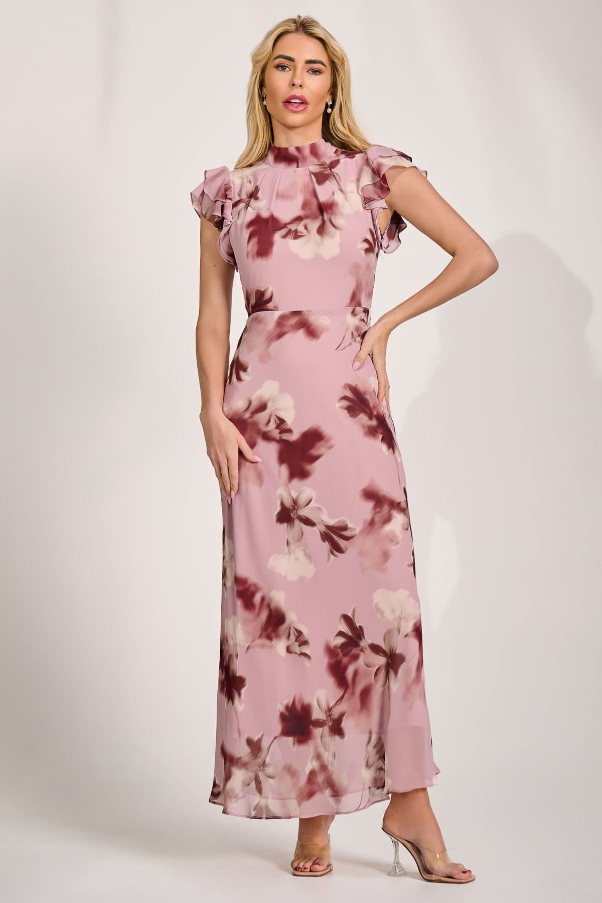 Jolie Moi Jolie Moi Women's High Neck Ruffle Sleeve Chiffon Maxi Dress in Light Pink