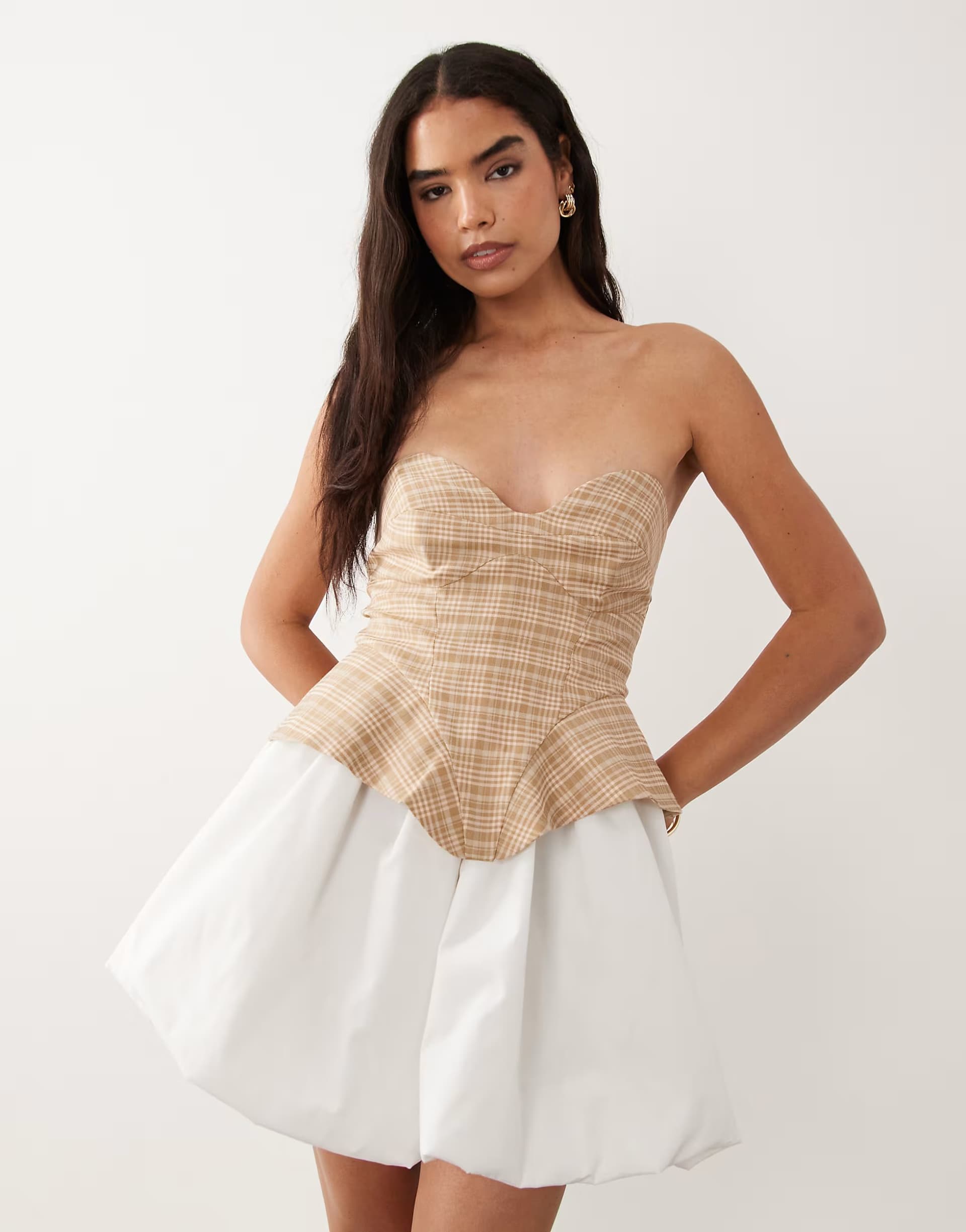 ASOS ASOS LUXE bandeau tailored mini dress in check with cotton bubble hem contrast