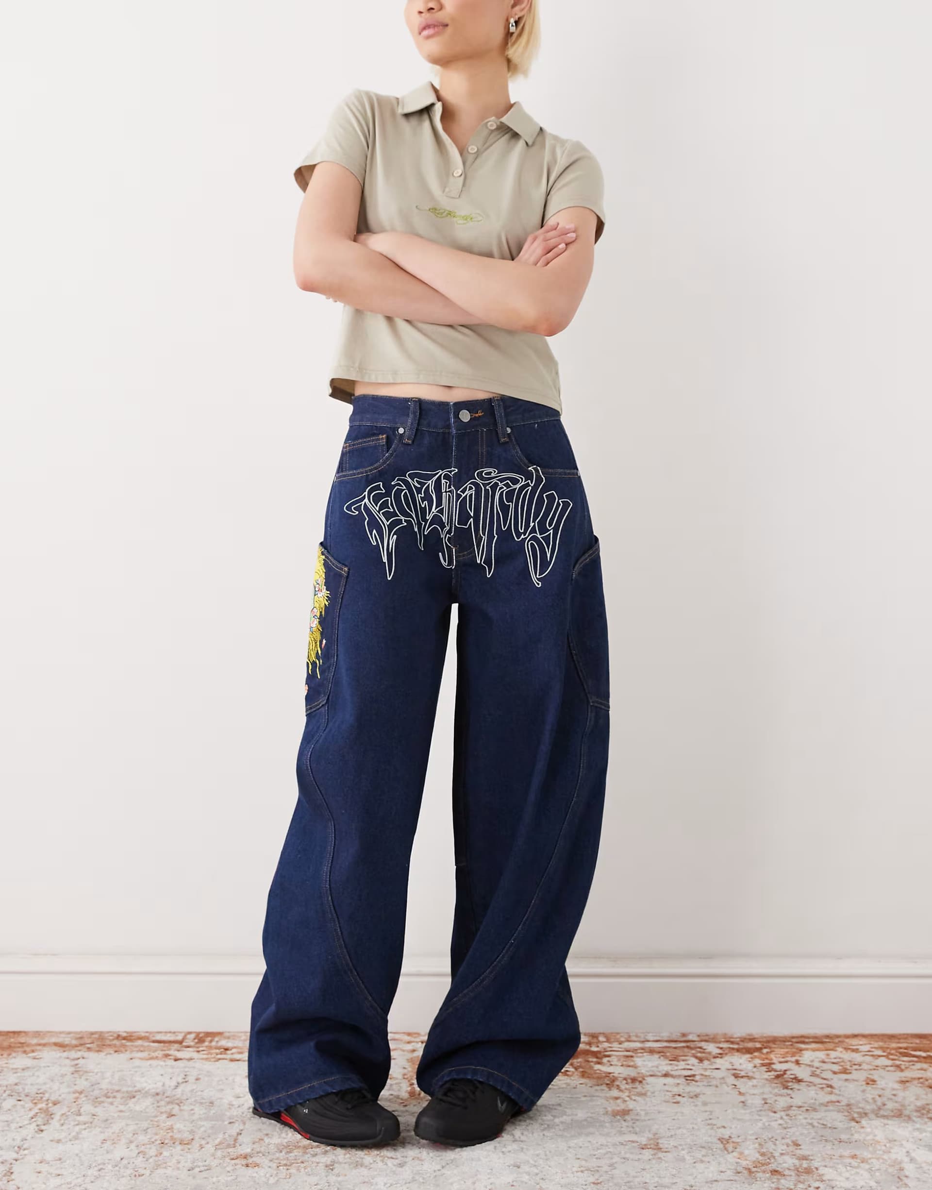 ASOS Ed Hardy gothic skull relaxed balloon jeans in indigo