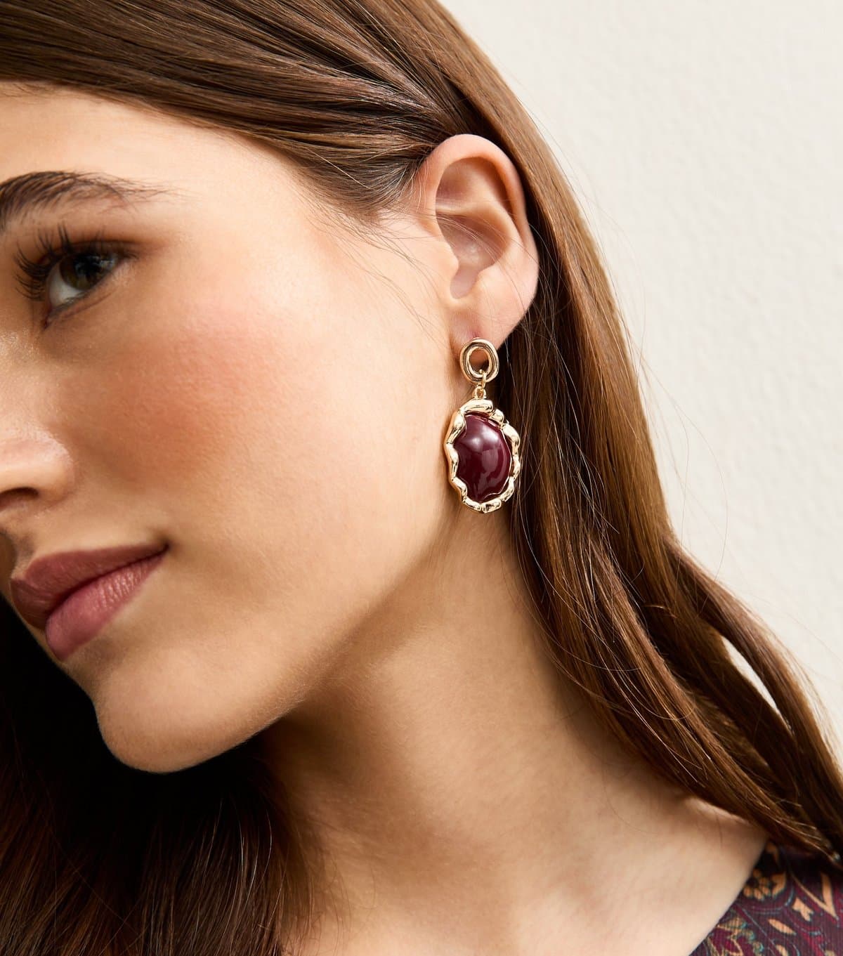 New Look Gold Tone Burgundy Oval Enamel Drop Earrings New Look