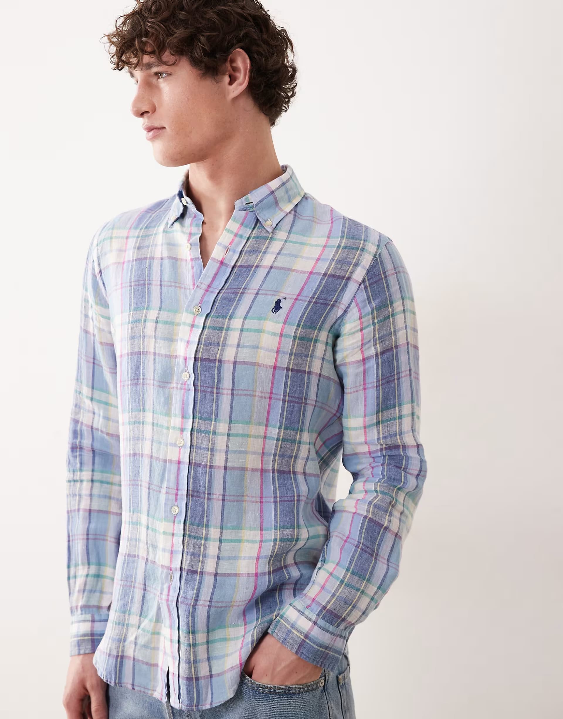 ASOS Polo Ralph Lauren icon logo checked linen long sleeve shirt in multi