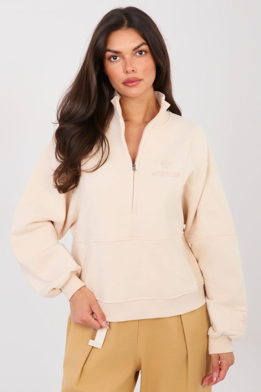 Love Lace Love Lace Women's Stand Collar Half Zip Cotton Blend Sweatshirt in Beige