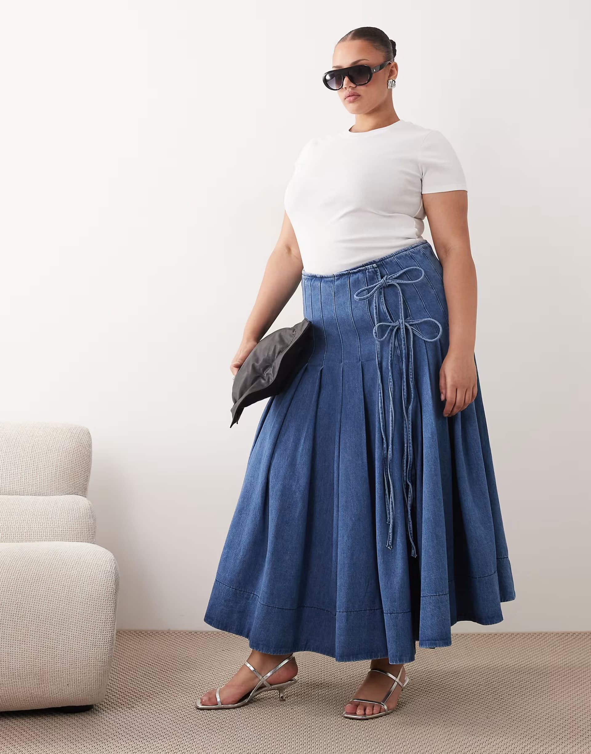 ASOS ARRANGE Curve pleated denim midi skirt with tie detail in blue