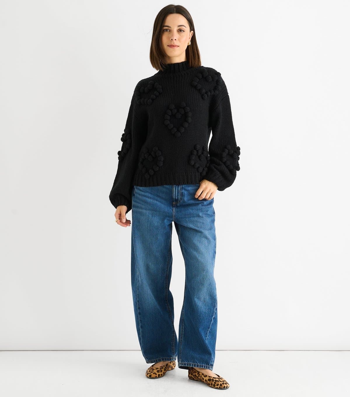 Gini London Women's Black Heart Bubble Knit Jumper Gini London New Look