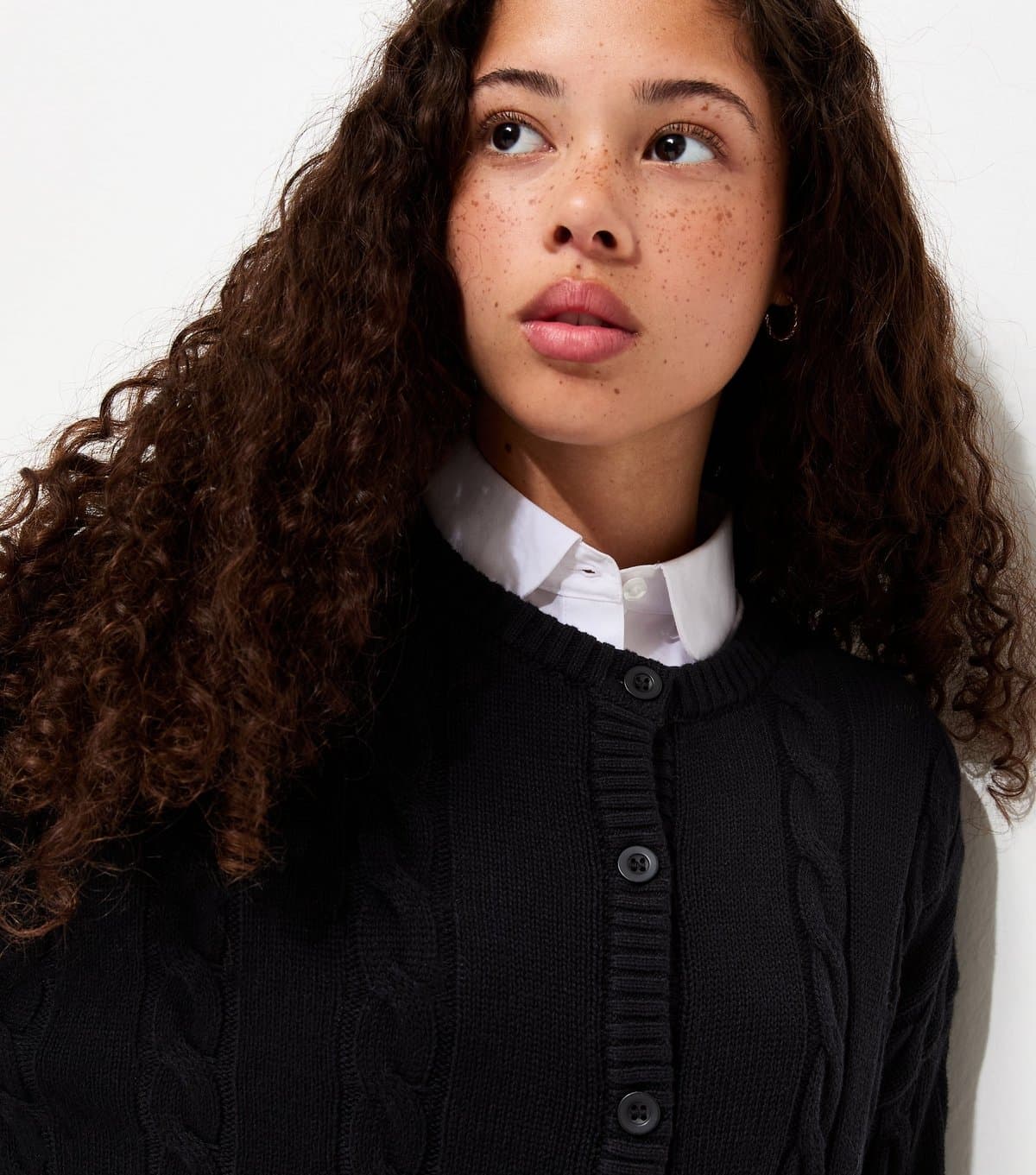 New Look Girls' Black Cable Knit Crew Neck School Cardigan New Look