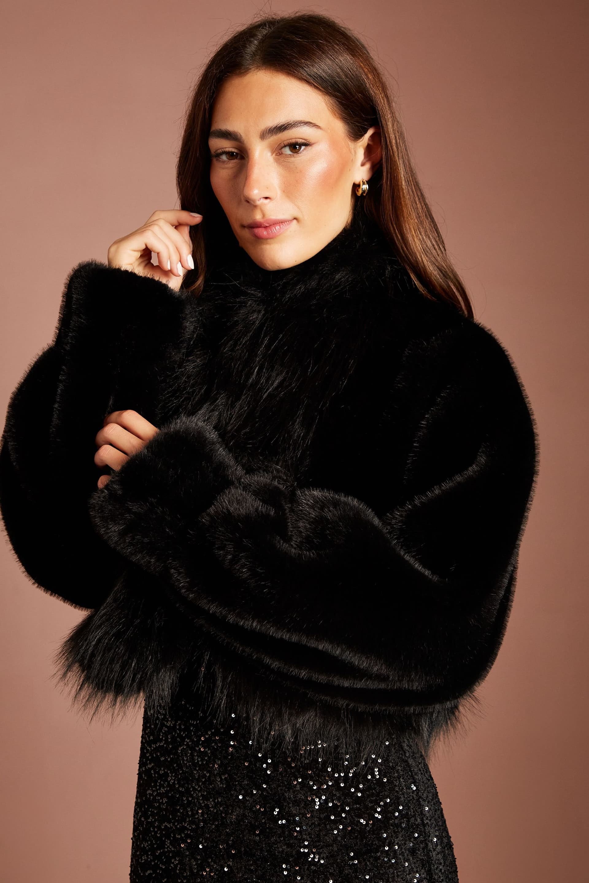 Coast Coast Women's Statement Long Faux Fur Collar Occasion Coat in Black