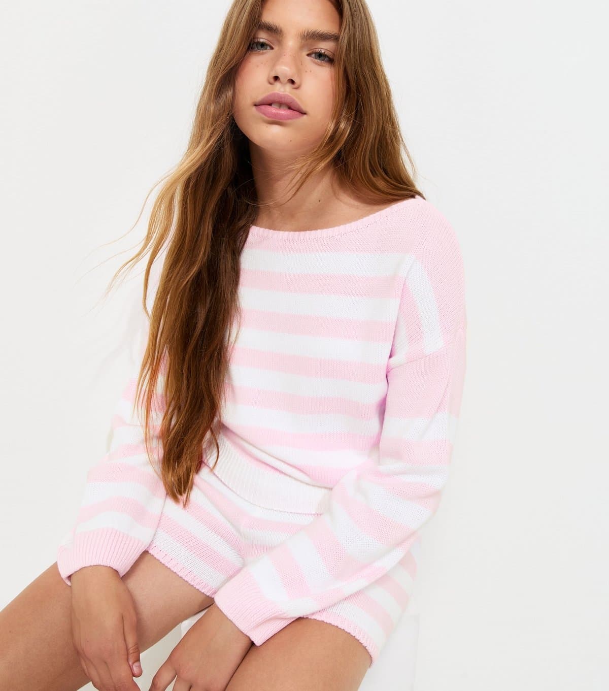 New Look Girls' Pink Striped Knit Slash Neck Jumper New Look