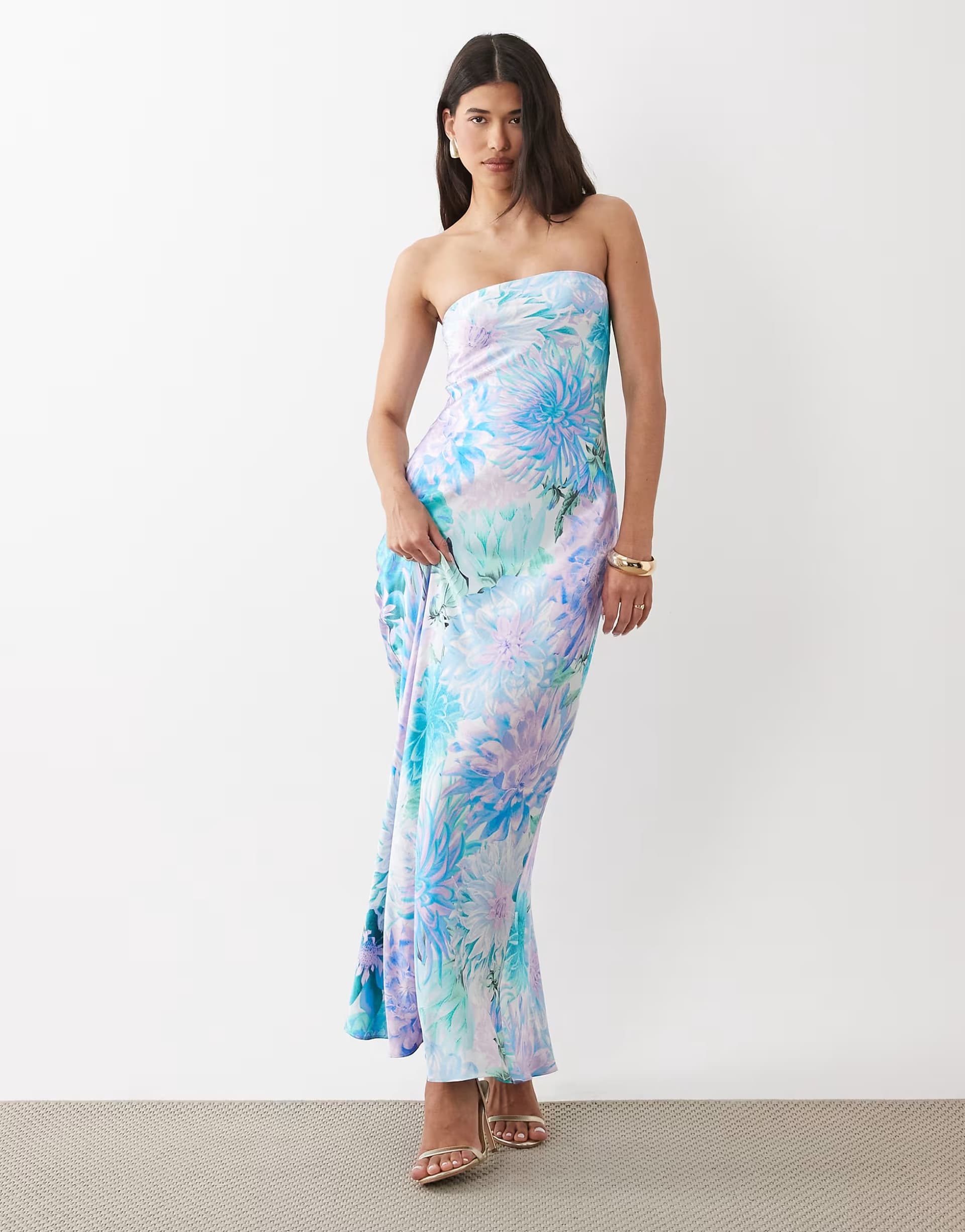 ASOS Forever New satin bandeau maxi dress in blue floral