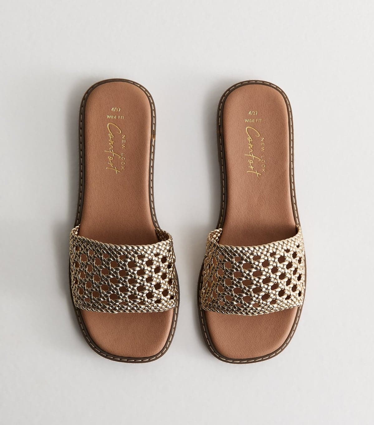 New Look Women's Wide Fit Gold Faux Leather Woven Strap Mule Sandals Vegan New Look