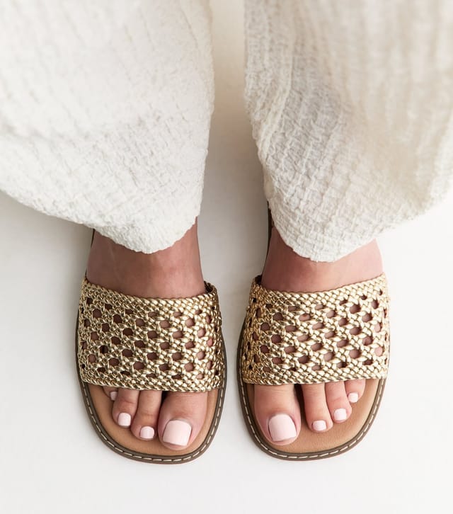 New Look Women's Wide Fit Gold Faux Leather Woven Strap Mule Sandals Vegan New Look - 2