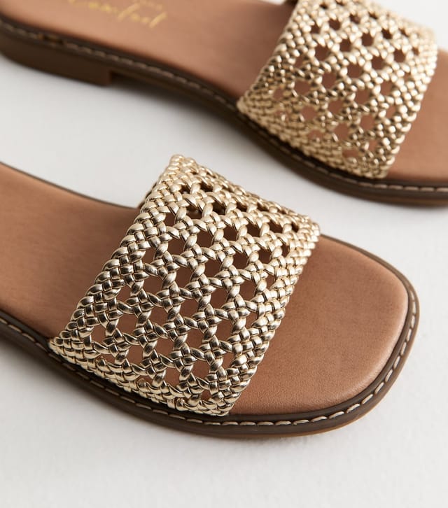 New Look Women's Wide Fit Gold Faux Leather Woven Strap Mule Sandals Vegan New Look - 3