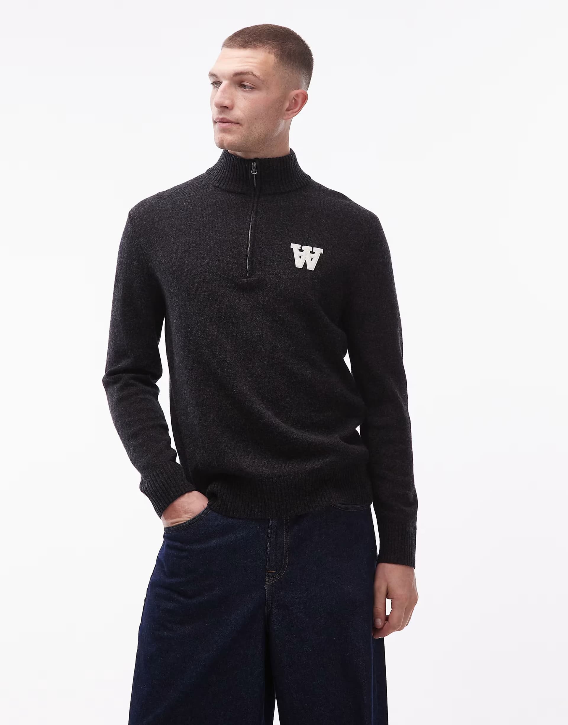 ASOS Double A By Wood Wood 100% wool quarter-zip knitted jumper with logo detail in black