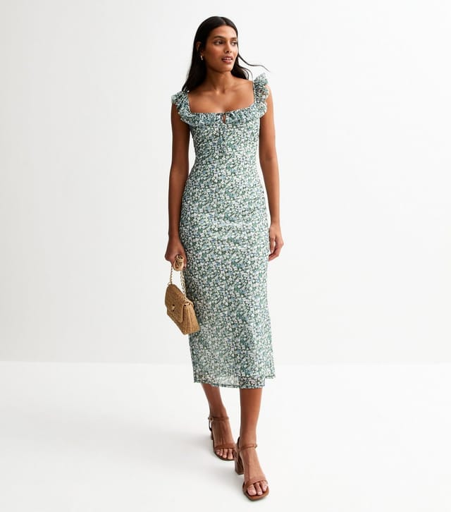 New Look Women's Green Ditsy Print Frill Trim Mesh Midi Dress New Look - 2