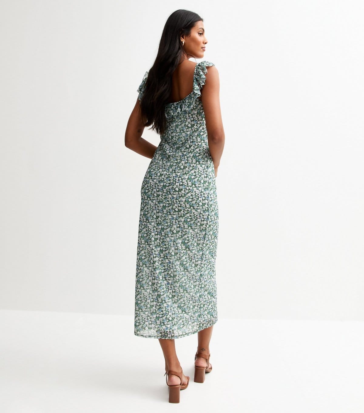 New Look Women's Green Ditsy Print Frill Trim Mesh Midi Dress New Look - 4