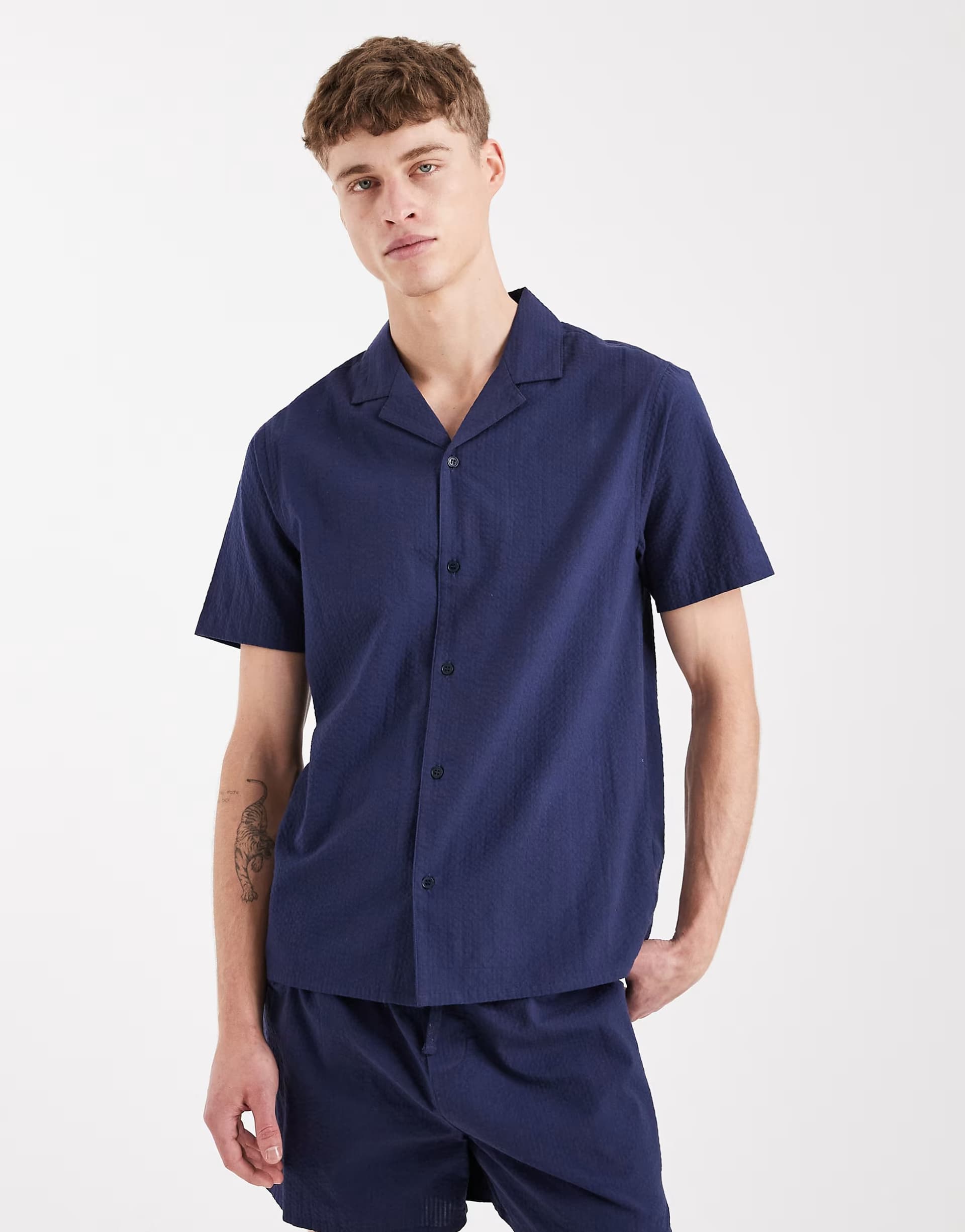 ASOS Aray short sleeve seersucker beach shirt in navy