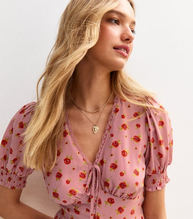 New Look Women's Pink Floral Print Lace Trim Mini Dress New Look - 2