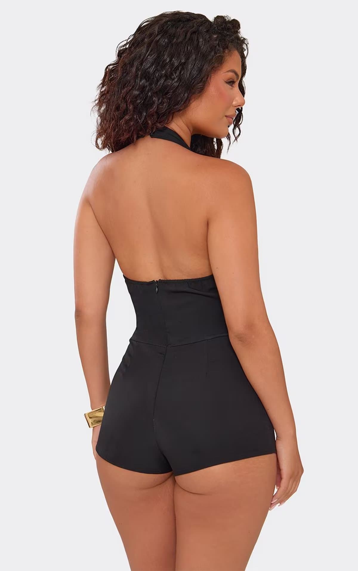 EGO Halterneck Plunge Front Playsuit In Black, Women's Size UK 6