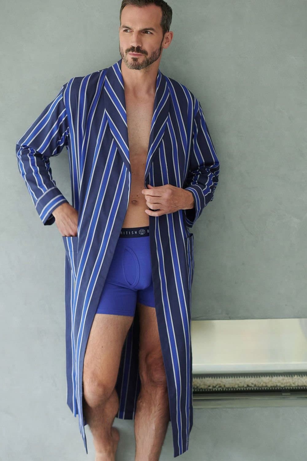 British Boxers British Boxers Men's "Royal Regimental" Satin Stripe Cotton Dressing Gown in Dark Blue