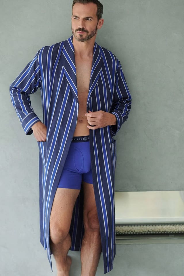 British Boxers British Boxers Men's "Royal Regimental" Satin Stripe Cotton Dressing Gown in Dark Blue - 2