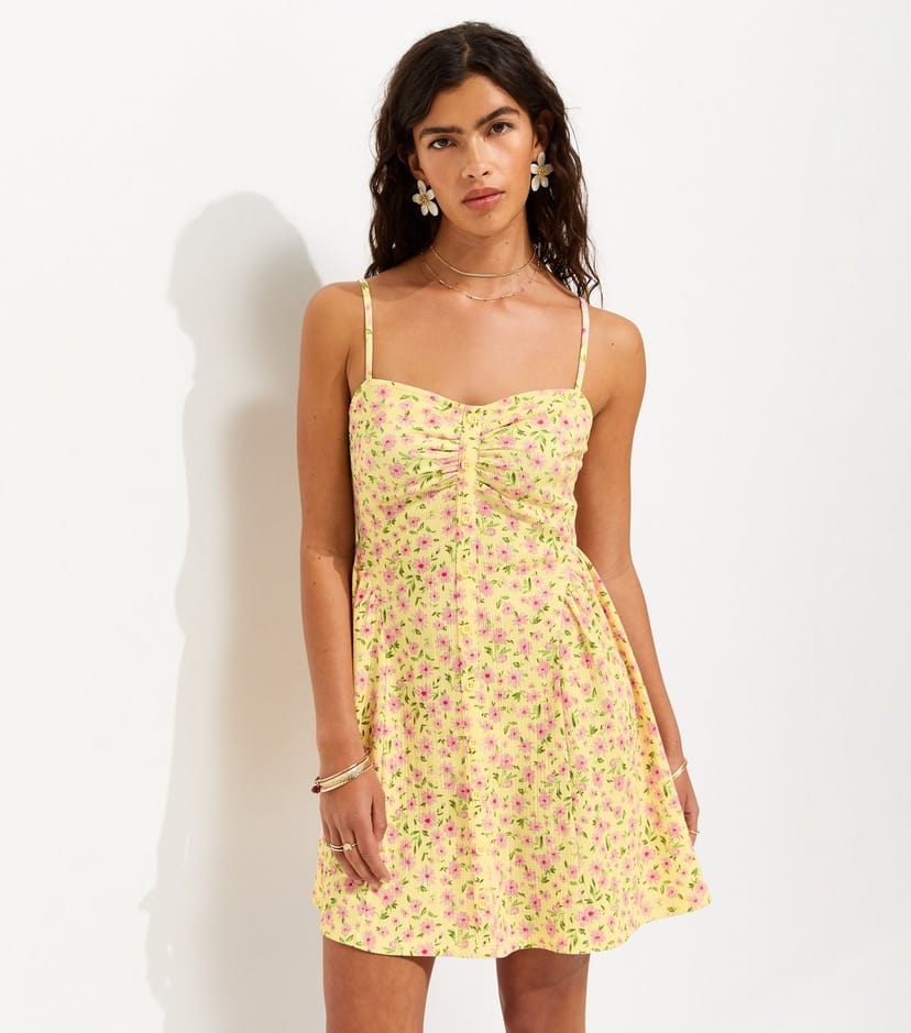 New Look Women's Yellow Crinkle Texture Strappy Floral Print Ruched Mini Dress New Look - 1