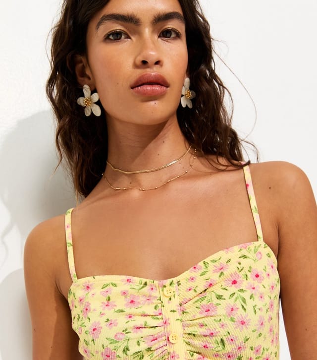 New Look Women's Yellow Crinkle Texture Strappy Floral Print Ruched Mini Dress New Look - 2