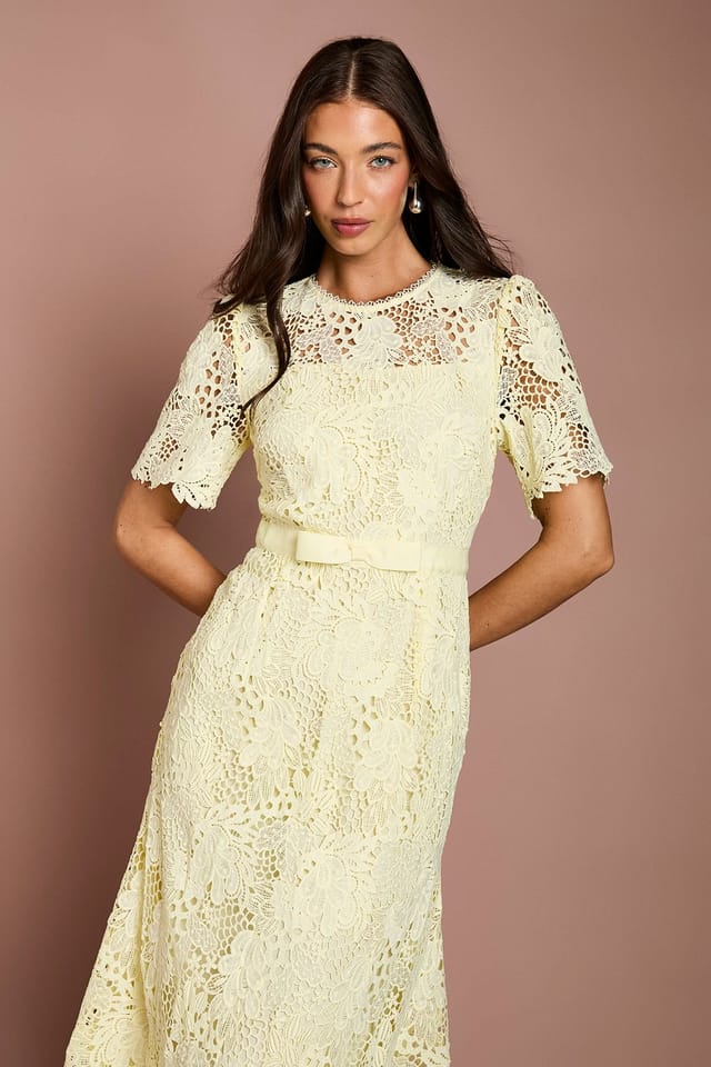 Coast Coast Women's Lace Midi Dress With Bow Belt in Lemon - 2
