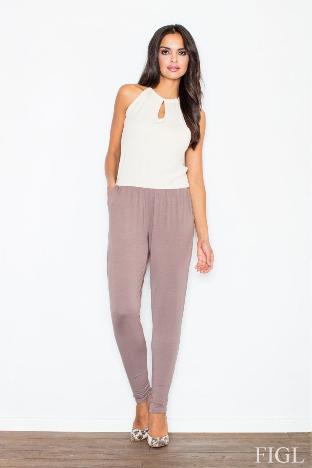 Love Lace Love Lace Women's Two Tone Flowing Jumpsuit With Teardrop Neck in Brown