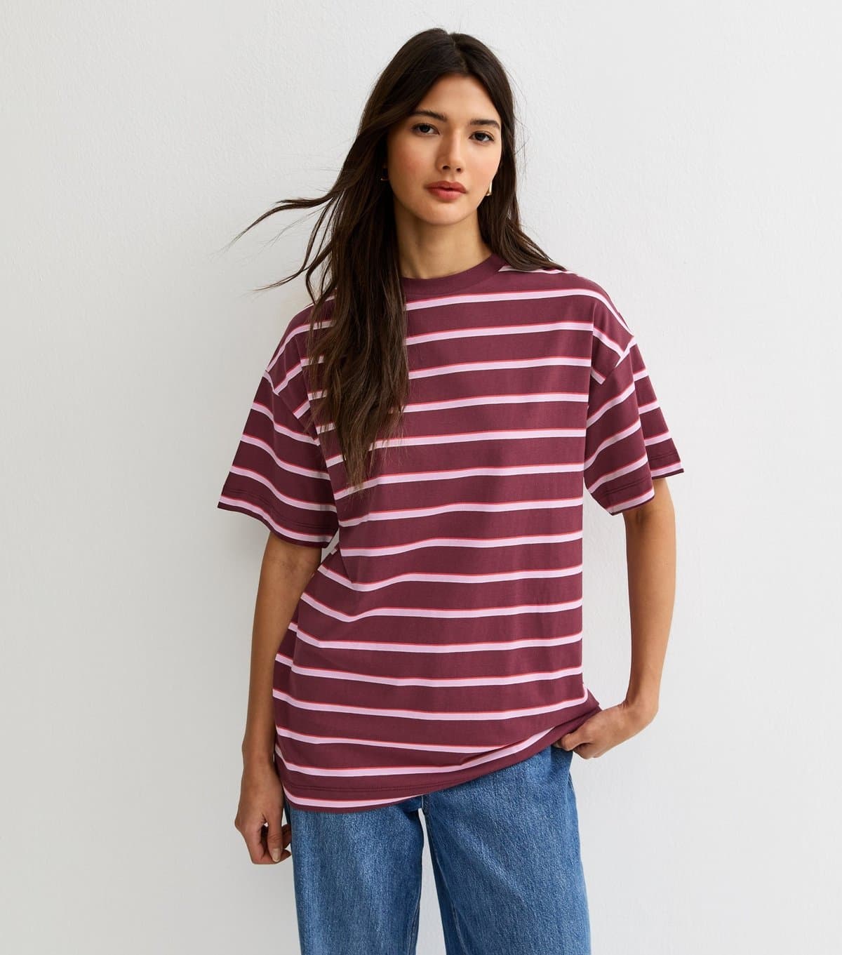 New Look Women's Red Cotton Striped Oversized T-Shirt New Look