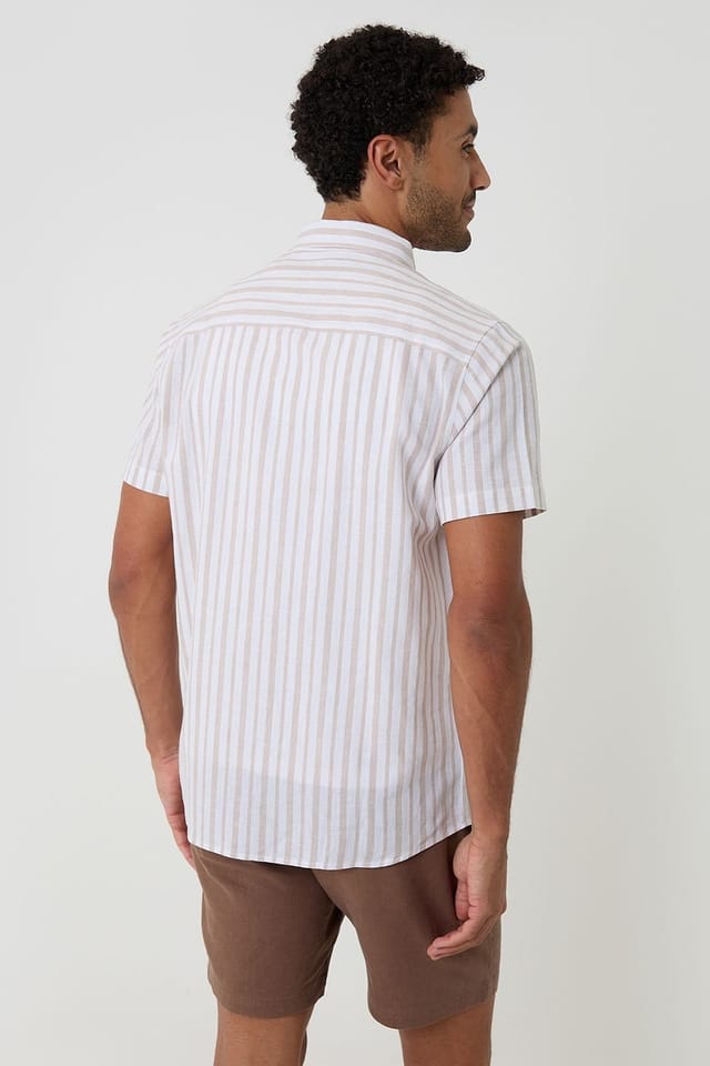 Threadbare Threadbare Men's Stripe Linen Cotton Blend Short Sleeve Shirt in Stone - 2