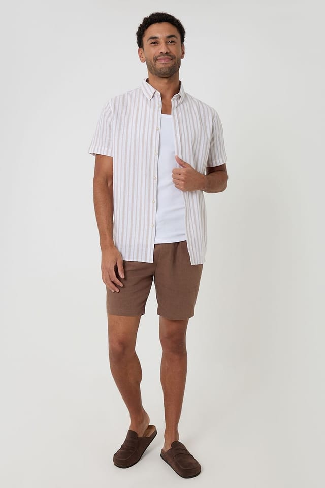 Threadbare Threadbare Men's Stripe Linen Cotton Blend Short Sleeve Shirt in Stone - 3