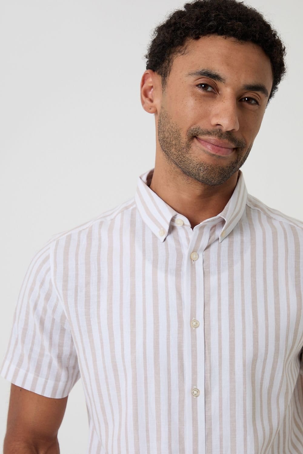 Threadbare Threadbare Men's Stripe Linen Cotton Blend Short Sleeve Shirt in Stone - 4