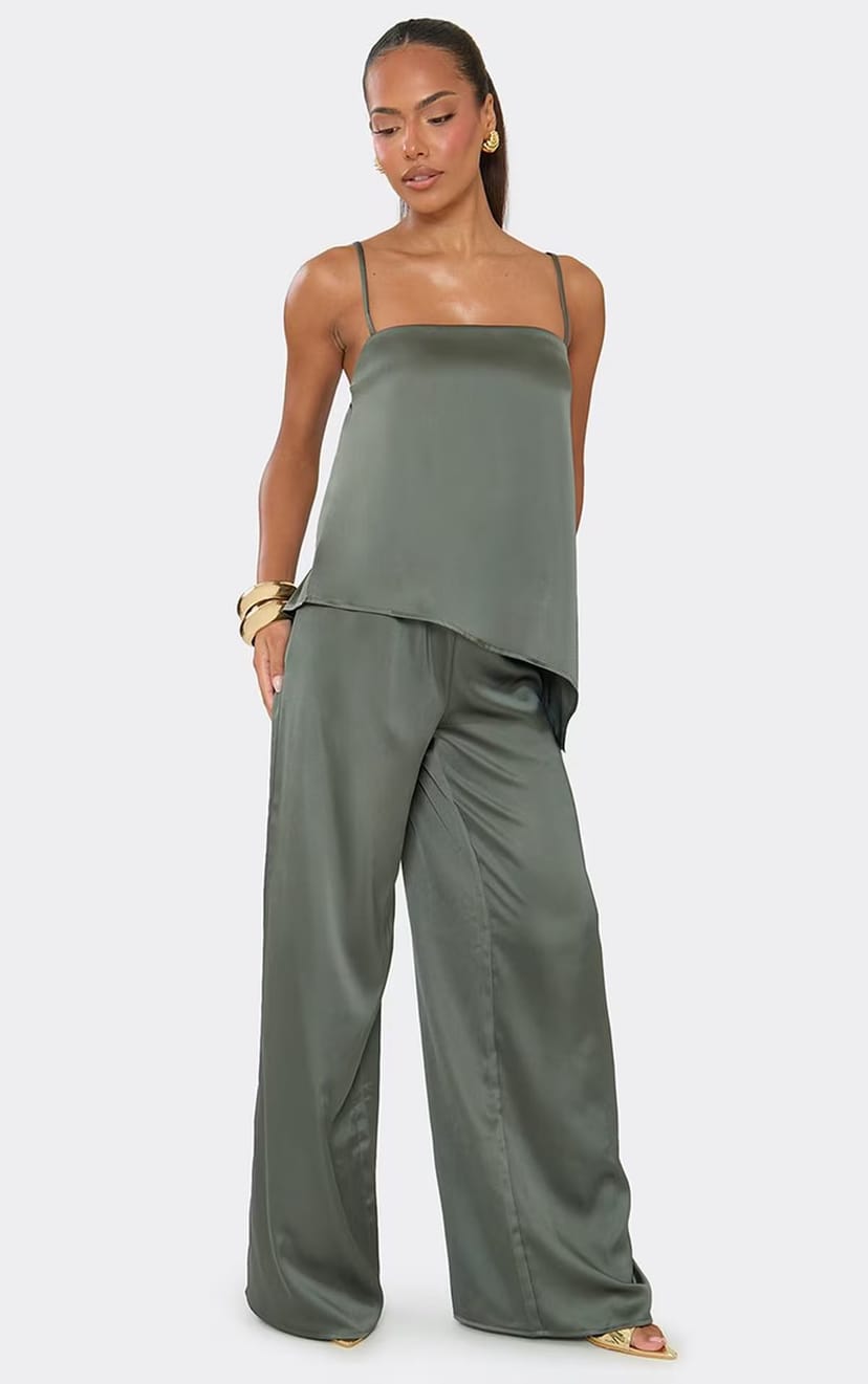 EGO Low Rise Wide Leg Trousers In Khaki Satin, Women's Size UK 6 - 1