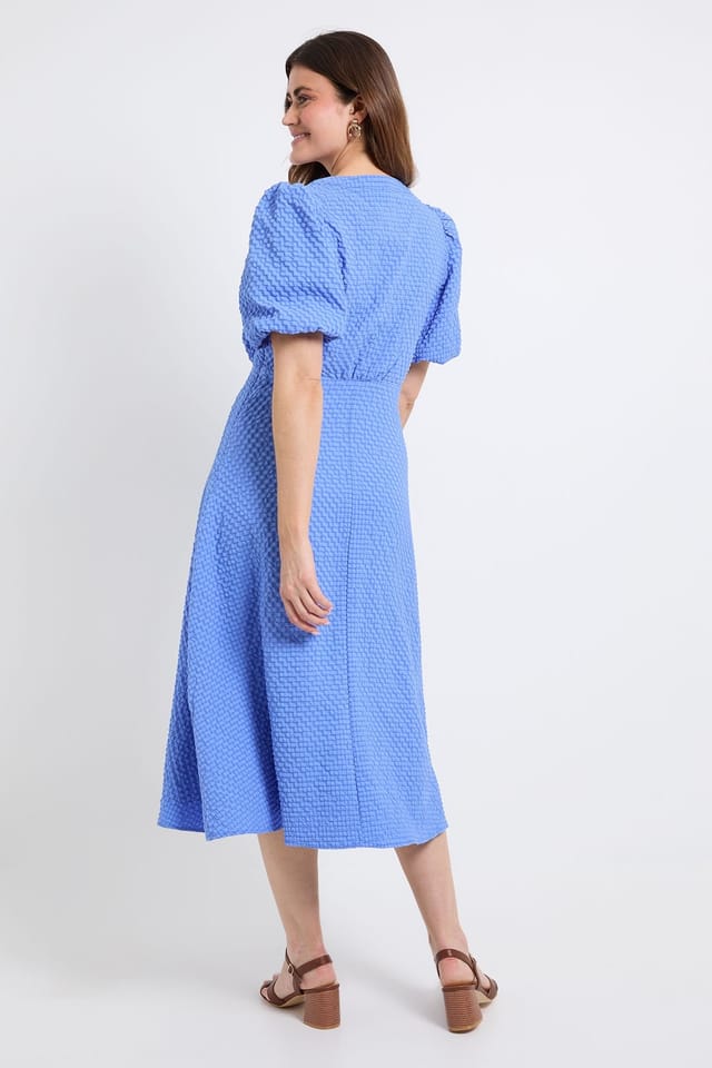 Wallis Wallis Women's Textured Puff Sleeve Midi Dress in Blue - 3
