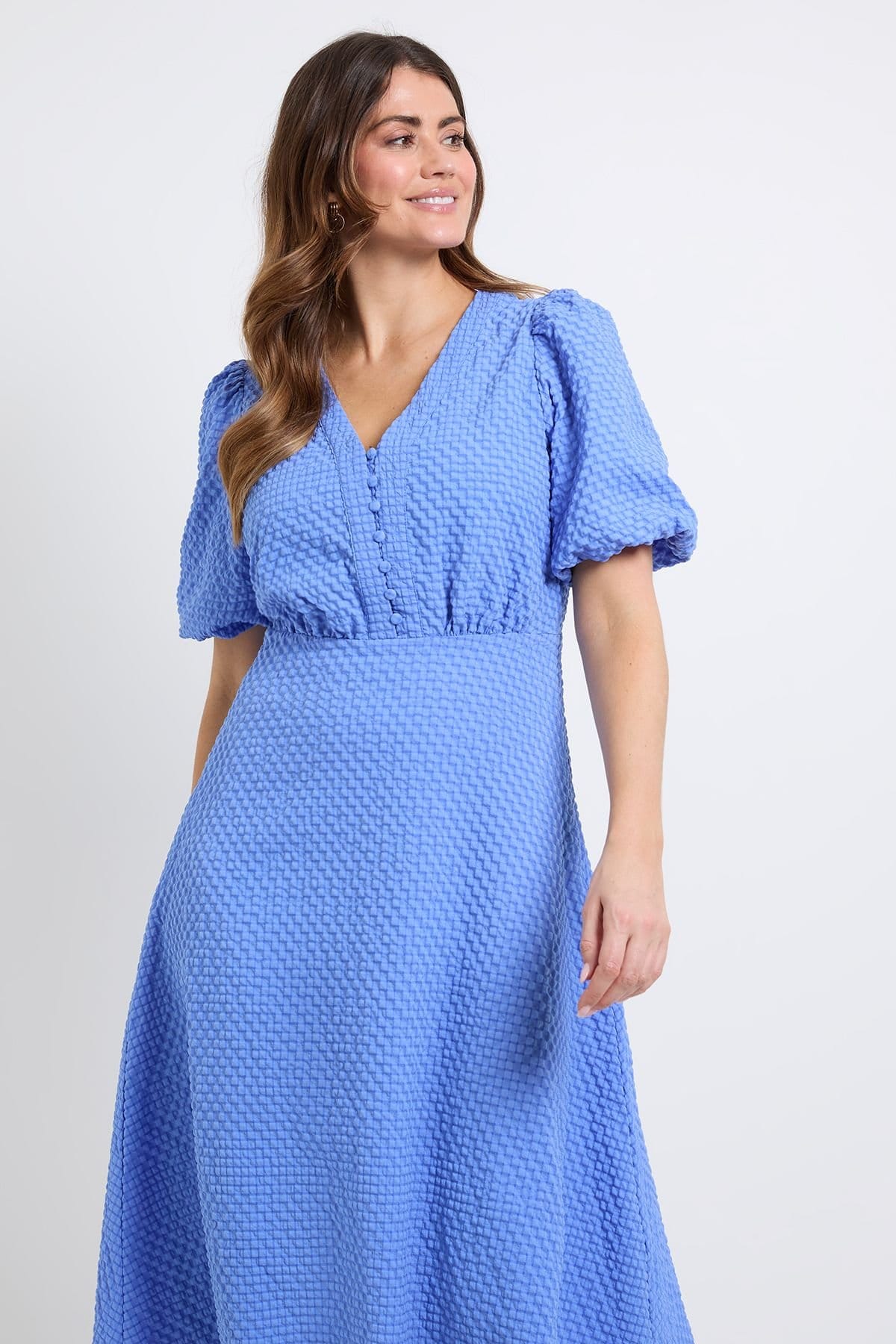 Wallis Wallis Women's Textured Puff Sleeve Midi Dress in Blue - 4