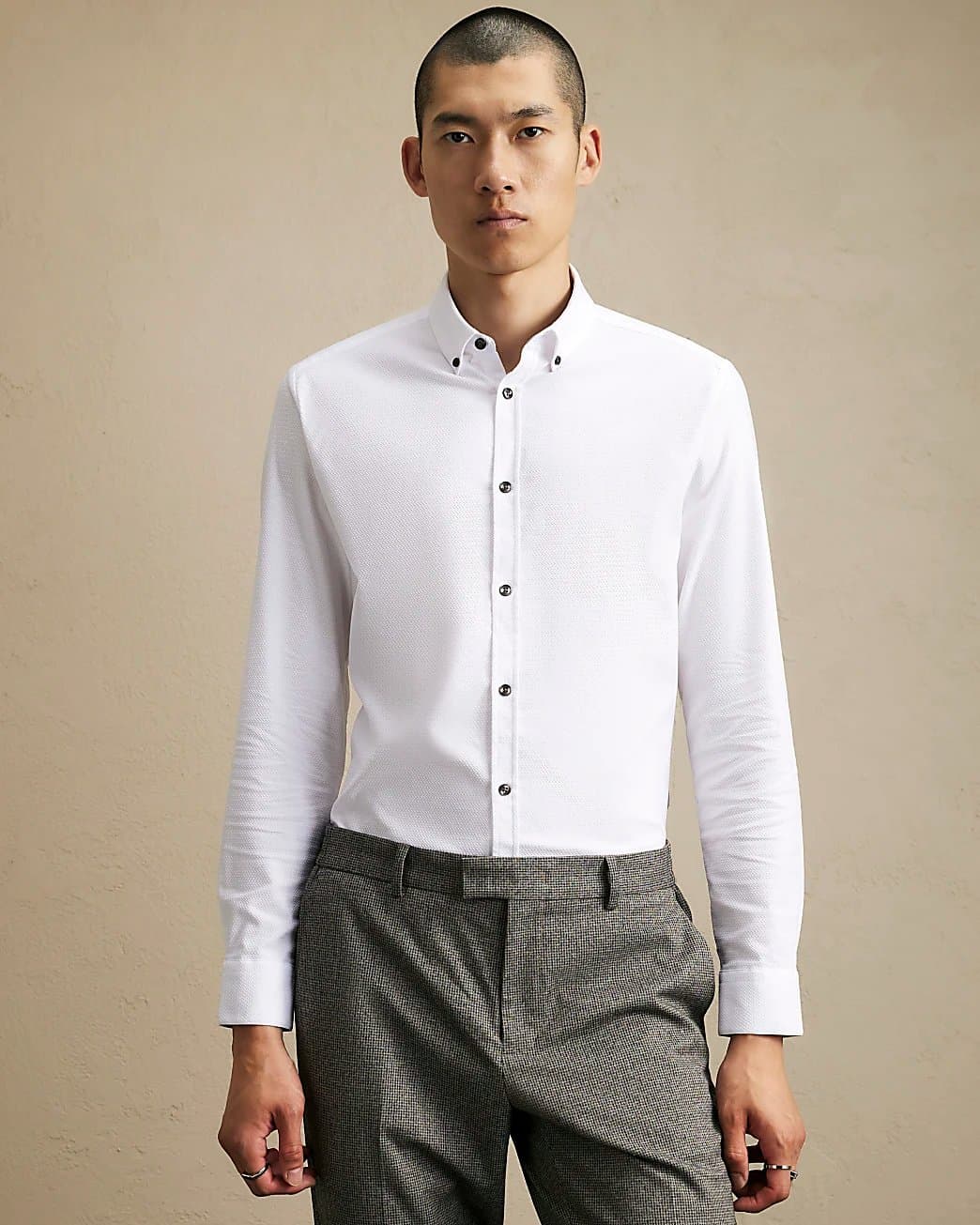 River Island Mens River Island White Textured Muscle Fit Long Sleeve Shirt