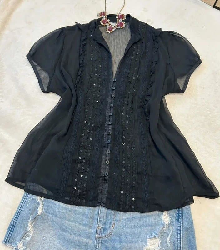 New Look Vintage Y2K black mesh sheer button beaded sequin top