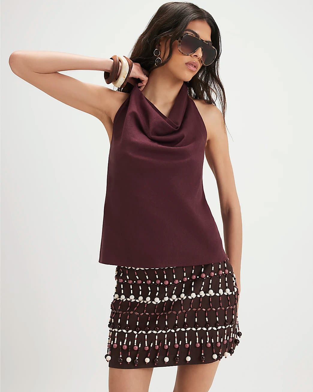 River Island River Island Womens Purple Linen Blend Cowl Neck Top