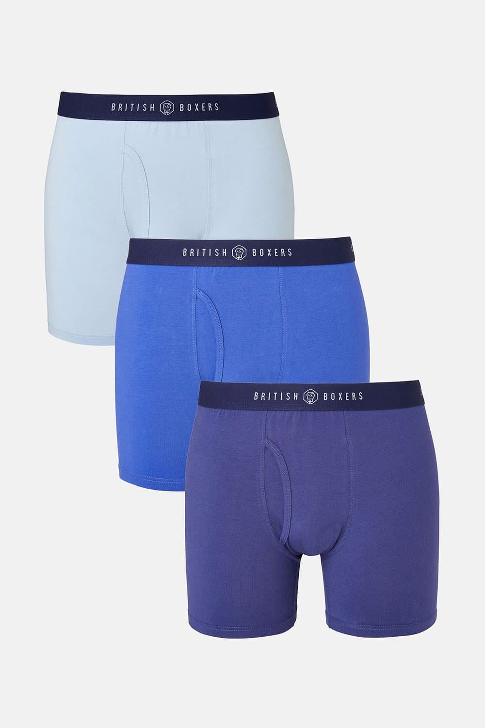 British Boxers British Boxers Men's Pack of Three "Storm Blues" Keyhole Stretch Trunks in Dark Blue