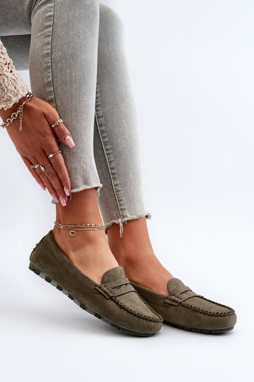 Love Lace Love Lace Green Suede Moccasins With Front Strap For Everyday